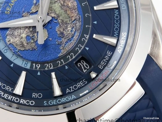 0226 Aqua Terra GMT Worldtimer 43mm VSF 1:1 Best Edition Deep Blue Dial on Blue Rubber Strap A8938 Super Clone QuickDry 7721